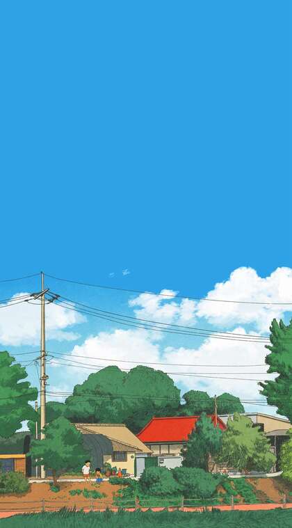 蓝蓝的天空，洁白的云朵，乡村边玩耍的儿童唯美动漫场景壁纸图片
