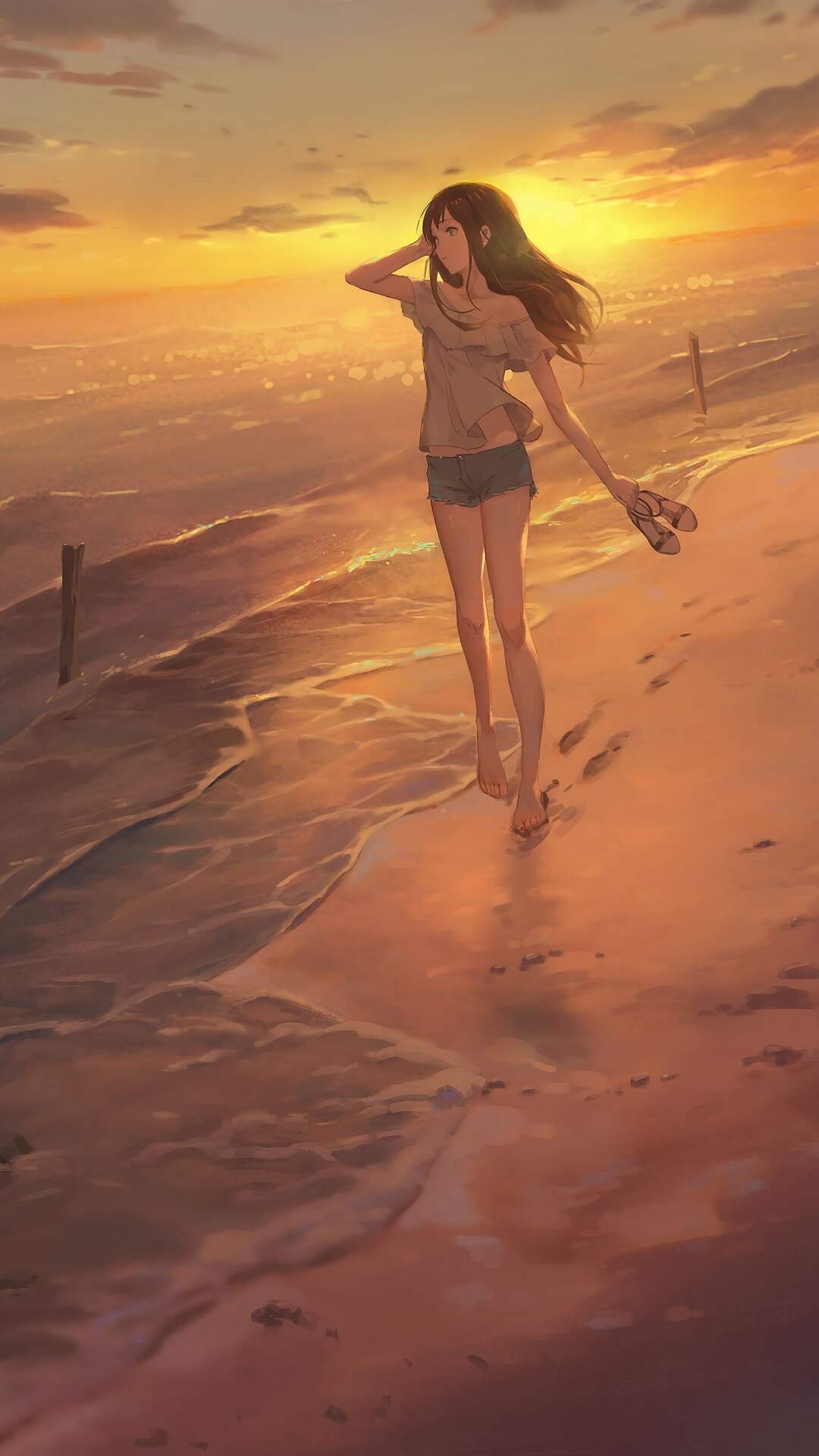 黄昏，光着脚丫漫步在海边沙滩的二次元短裤美少女唯美手机壁纸图片