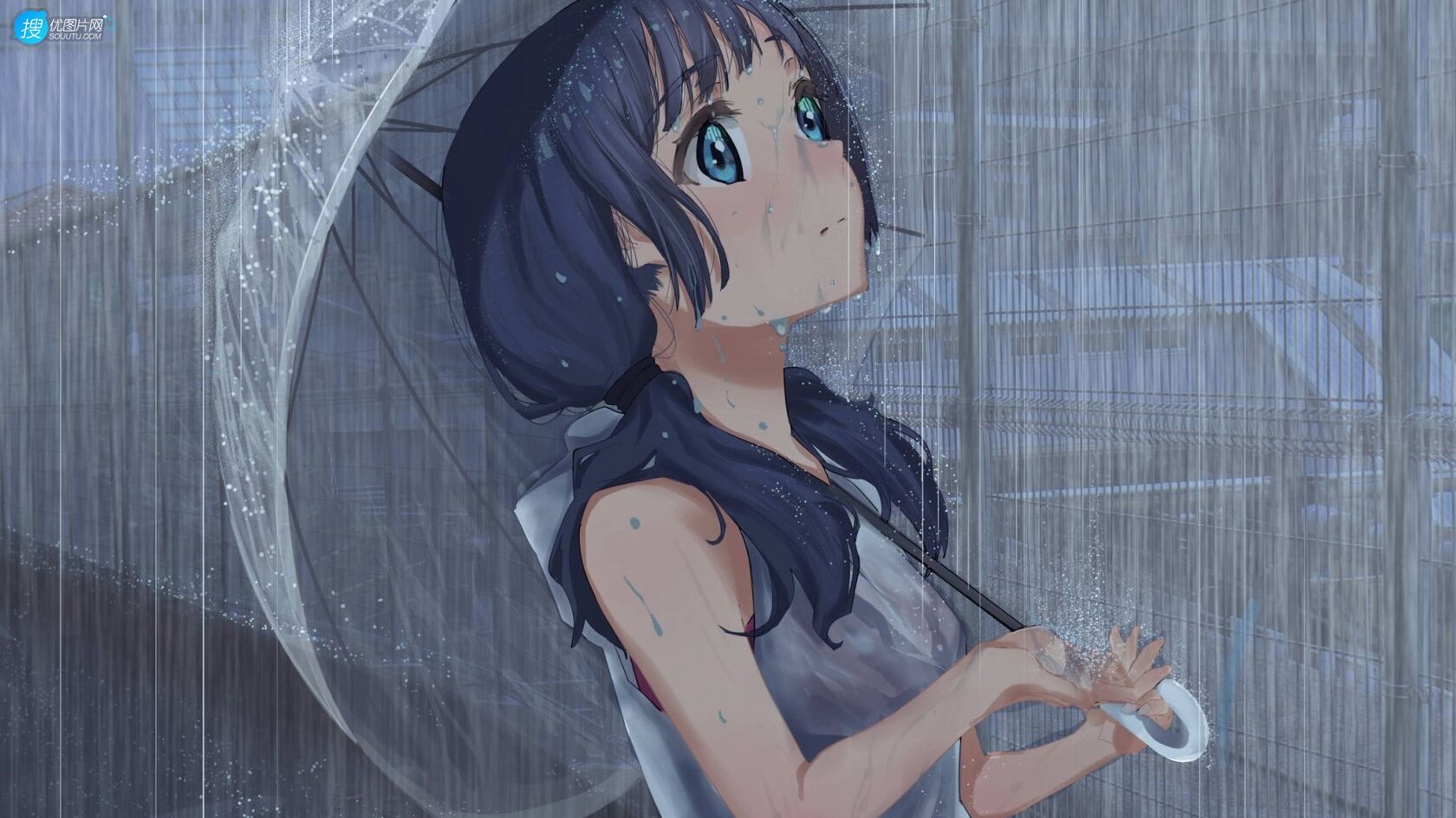 暴雨中撑着伞的二次元大眼睛齐刘海少女萝莉伤感一个人插画壁纸图片