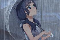 暴雨中撑着伞的二次元大眼睛齐刘海少女萝莉伤感一个人插画壁纸图片