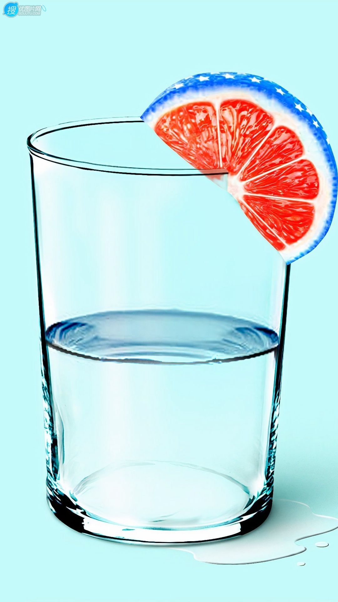 玻璃杯，半杯水，橙片，蓝色小清新养眼手机壁纸图片