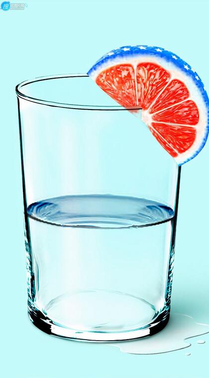 玻璃杯，半杯水，橙片，蓝色小清新养眼手机壁纸图片