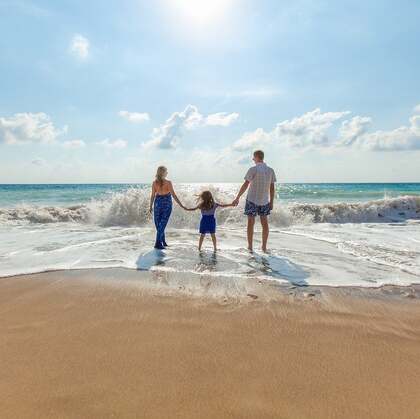 夏日海边游玩的父女，一家三口，女人，父子唯美意境景色图片
