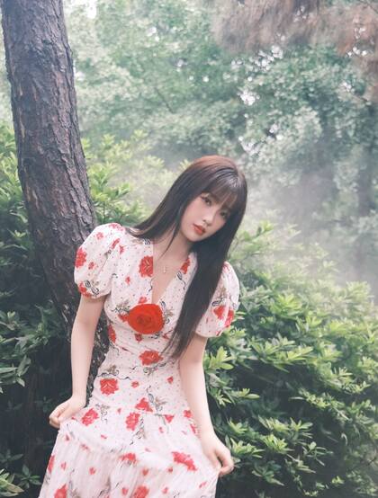 虞书欣在雾气袅绕的微光森林中 身着玫瑰花长裙安静优雅写真图片