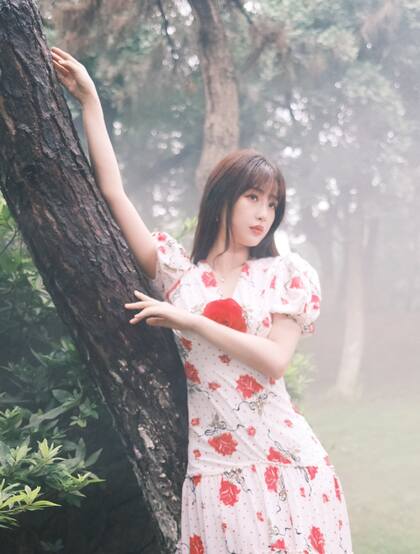 虞书欣在雾气袅绕的微光森林中 身着玫瑰花长裙安静优雅写真图片