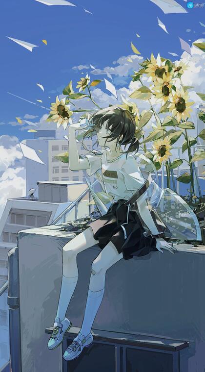 坐在种满向日葵天台边的二次元短裙长筒袜少女高清插画手机壁纸图片