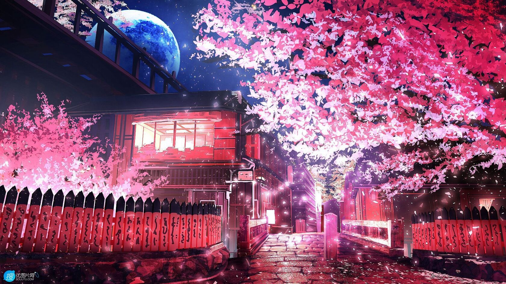 浪漫的樱花，街道，日式建筑，夜景 唯美动漫场景插画美图手机壁纸