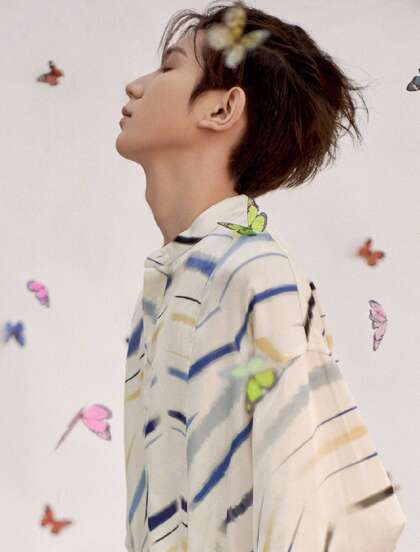 被蝴蝶环绕的少年，王源清新帅气白色印花衬衫穿着写真图片
