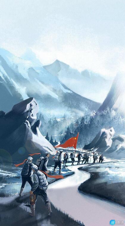 红军过雪山手绘创意手机壁纸图片