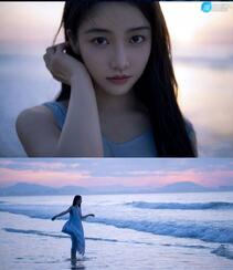 姜贞羽淡蓝色长裙着身海边玩沙戏浪超开心浪漫夏日写真美照