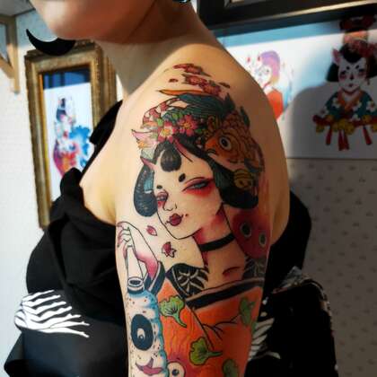 日和风，歌姬彩绘纹身，纹身女生胳膊上的日本歌姬大纹身彩绘图案图片