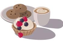咖啡，面包，水果蛋糕，简约早点，早餐插画壁纸图片