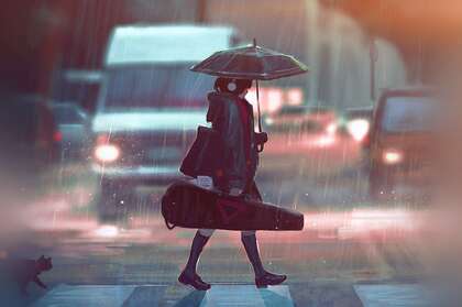 下雨天，撑着雨伞，手拿小提琴包过斑马线的二次元美少女高清壁纸图片