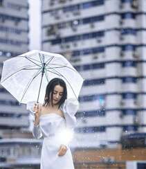迪丽热巴纯白连衣裙穿着，手拿雨伞，雨中漫步优雅迷人青春写真图片组图5