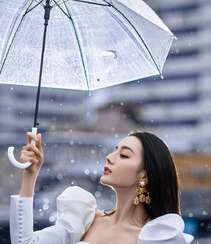 迪丽热巴纯白连衣裙穿着，手拿雨伞，雨中漫步优雅迷人青春写真图片组图9