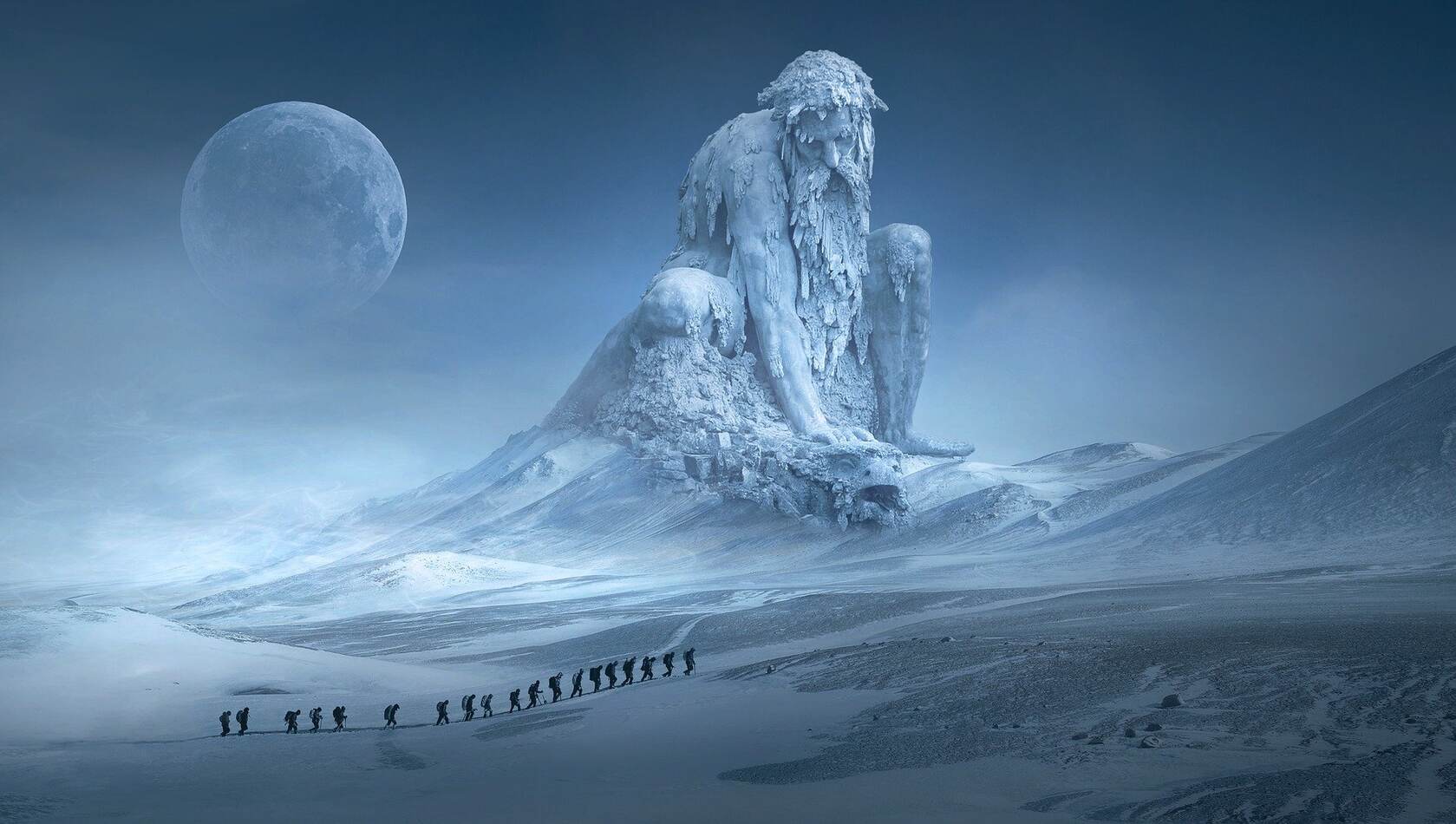 雪山，巨大冰雕，登山队伍，宛如神话般的幻想雪山世界壁纸图片第1张图片