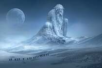 雪山，巨大冰雕，登山队伍，宛如神话般的幻想雪山世界壁纸图片