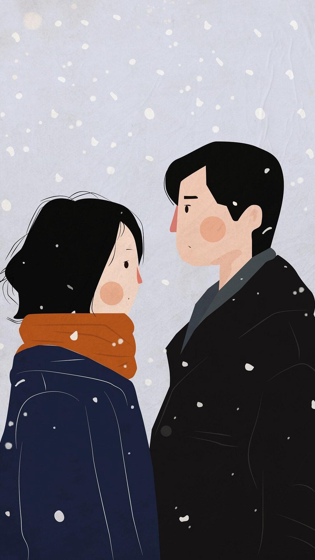 雪中，穿着厚厚外套的夫妻，卡通手绘冬季下雪天夫妻手机壁纸