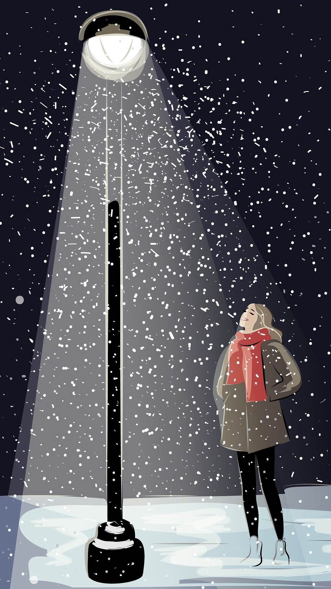 夜晚，寒冷的下雪天，站在路灯下，围着红色围脖的女生卡通手机壁纸