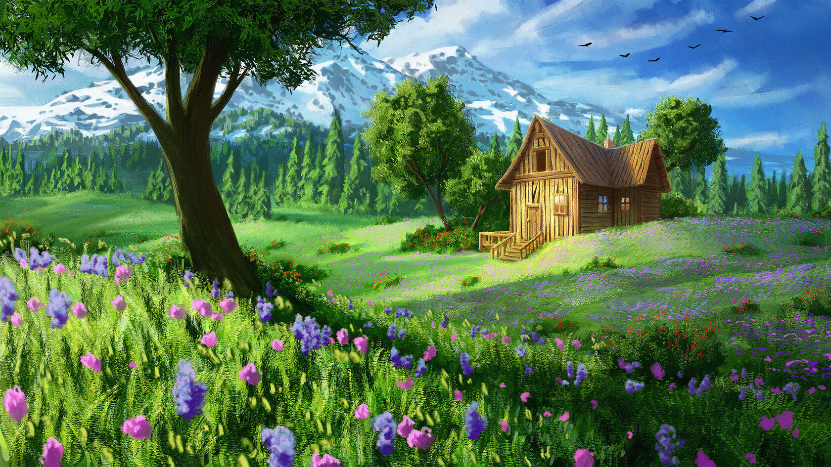 雪山下绿意盎然的树木，花草，小木屋唯美高清手绘插画壁纸图片