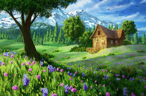 雪山下绿意盎然的树木，花草，小木屋唯美高清手绘插画壁纸图片