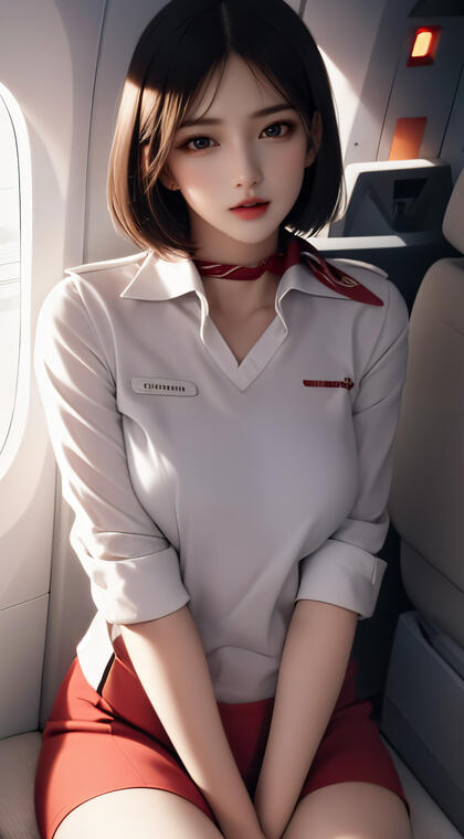 AI绘画，齐肩短发性感美女空姐制服装短裙高清手机壁纸图片