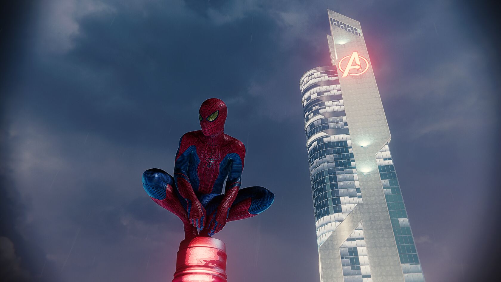 高楼大厦前，蹲在一根红色柱子上的蜘蛛侠高清桌面壁纸图片