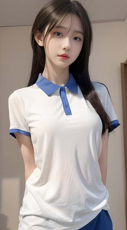 穿着白色上衣蓝色短裤的可爱美丽学生装AI动漫美少女高清手机壁纸
