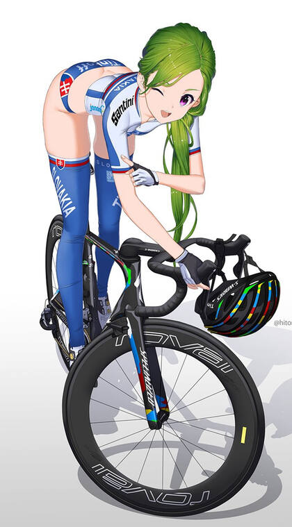 骑自行车翘着屁股的绿发麻花辫骑行装动漫美女高清手机壁纸图片