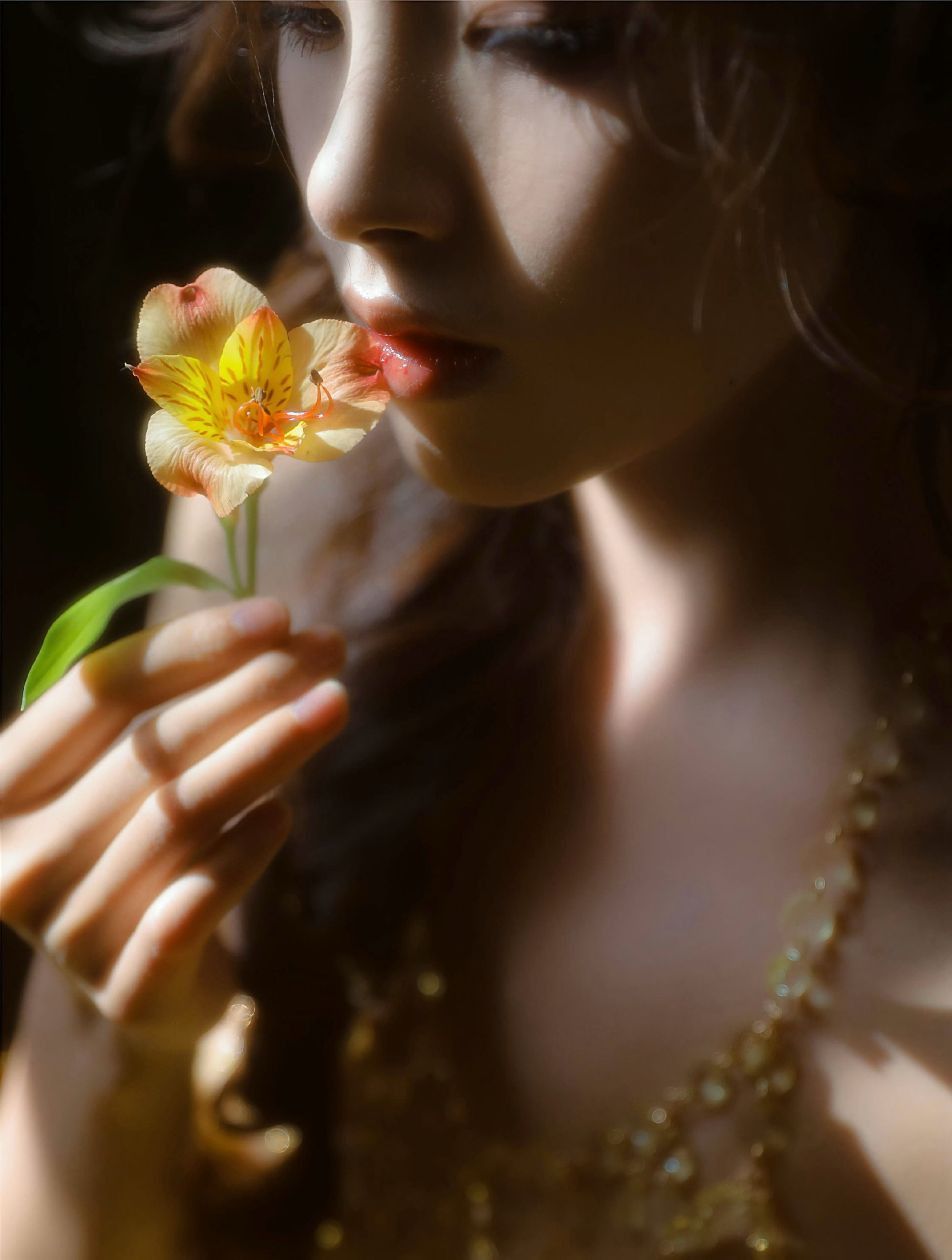 闻花的女人，唯美女生侧颜和花朵摄影系列高清图片图片