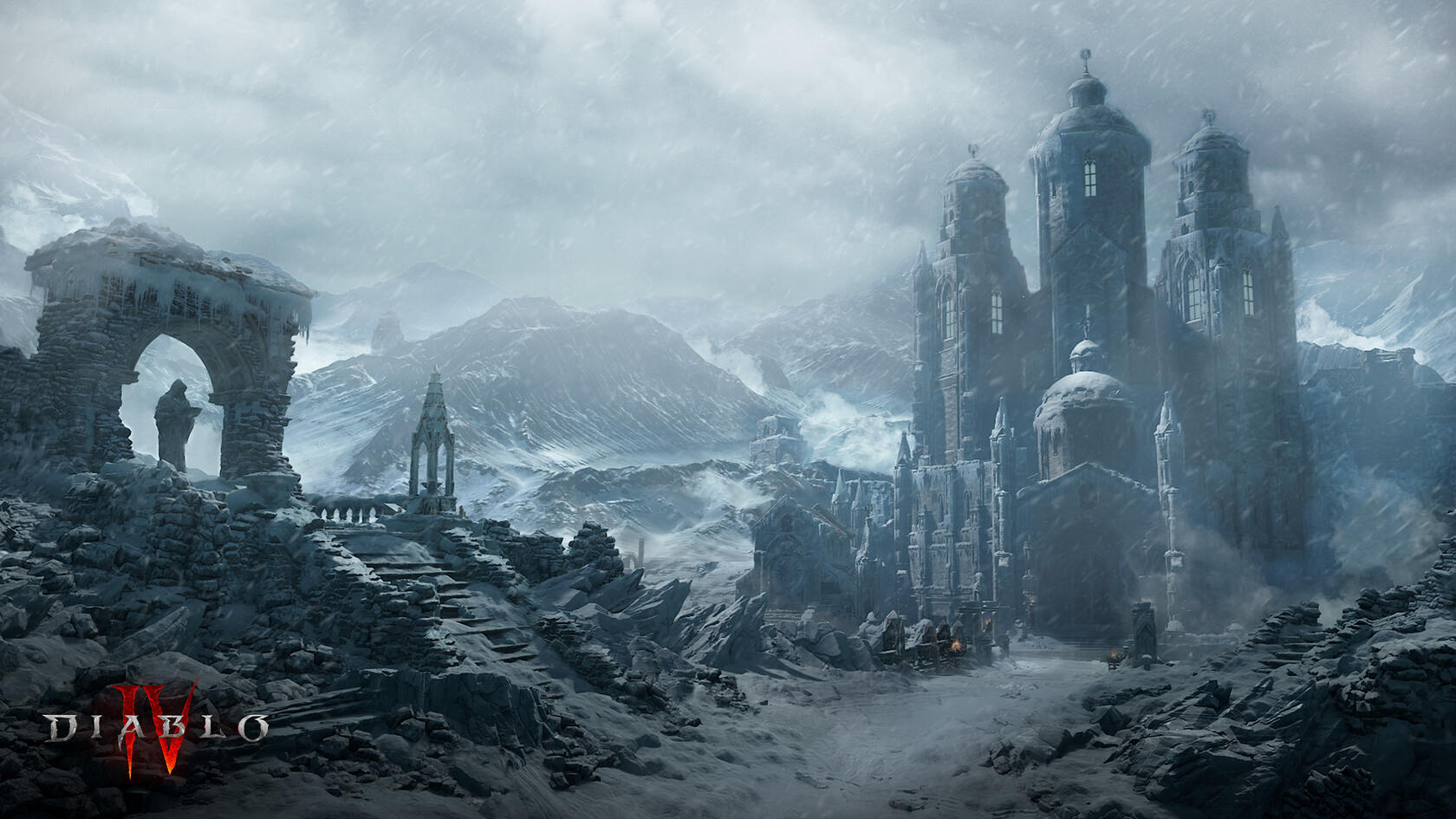 大雪纷飞下的古堡，人，山川美图，游戏暗黑破坏神场景壁纸图片第1张图片