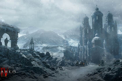 大雪纷飞下的古堡，人，山川美图，游戏暗黑破坏神场景壁纸图片