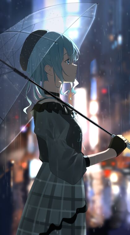 站着雨中，拿着一把雨伞的蓝发动漫女生手机壁纸图片