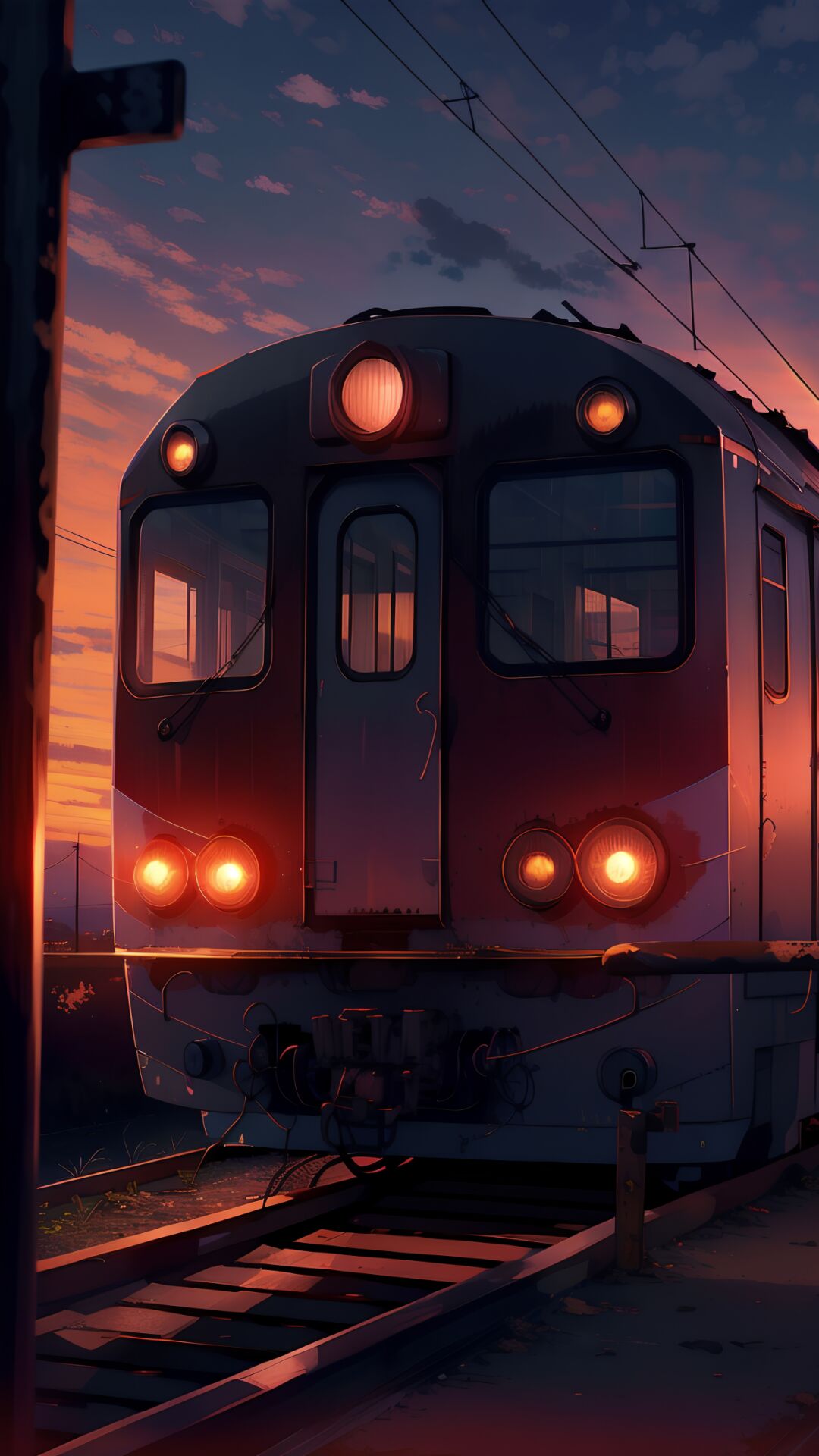 夕阳下的火车头唯美动漫手机壁纸图片