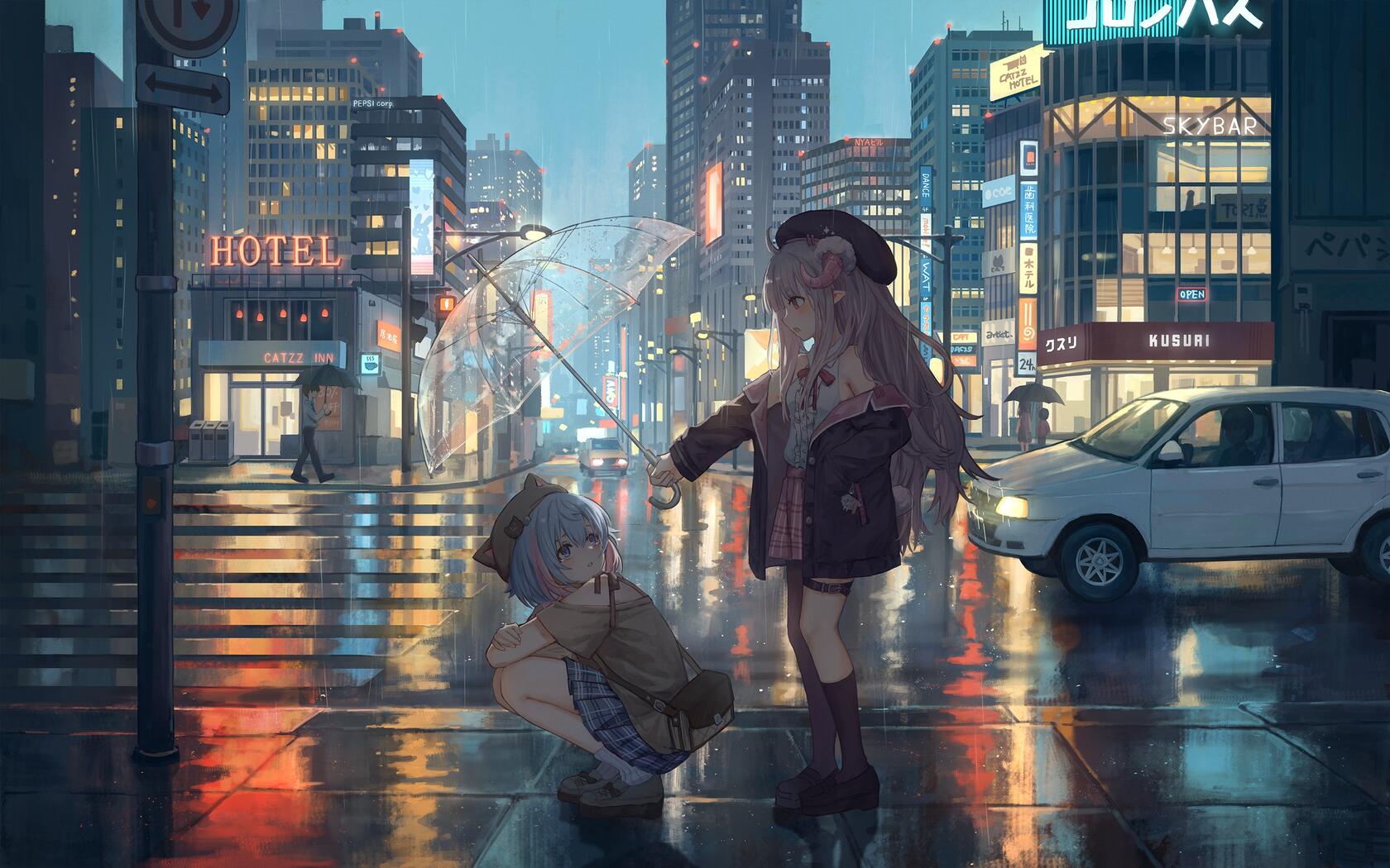 城市街道斑马线，一个帮另一个撑伞的两个动漫萝莉少女桌面壁纸图片第1张图片