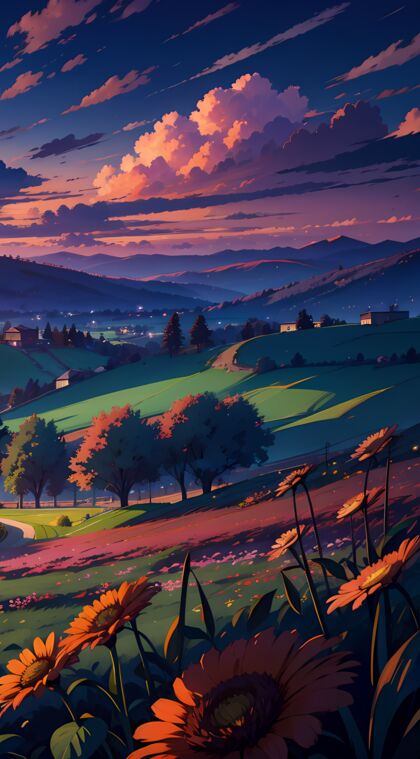 日落前的山野小村庄唯美插画手机壁纸图片