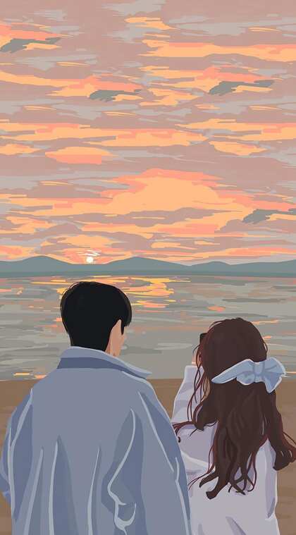 海边，夕阳下，一对年轻的男女动漫情侣唯美手机壁纸图