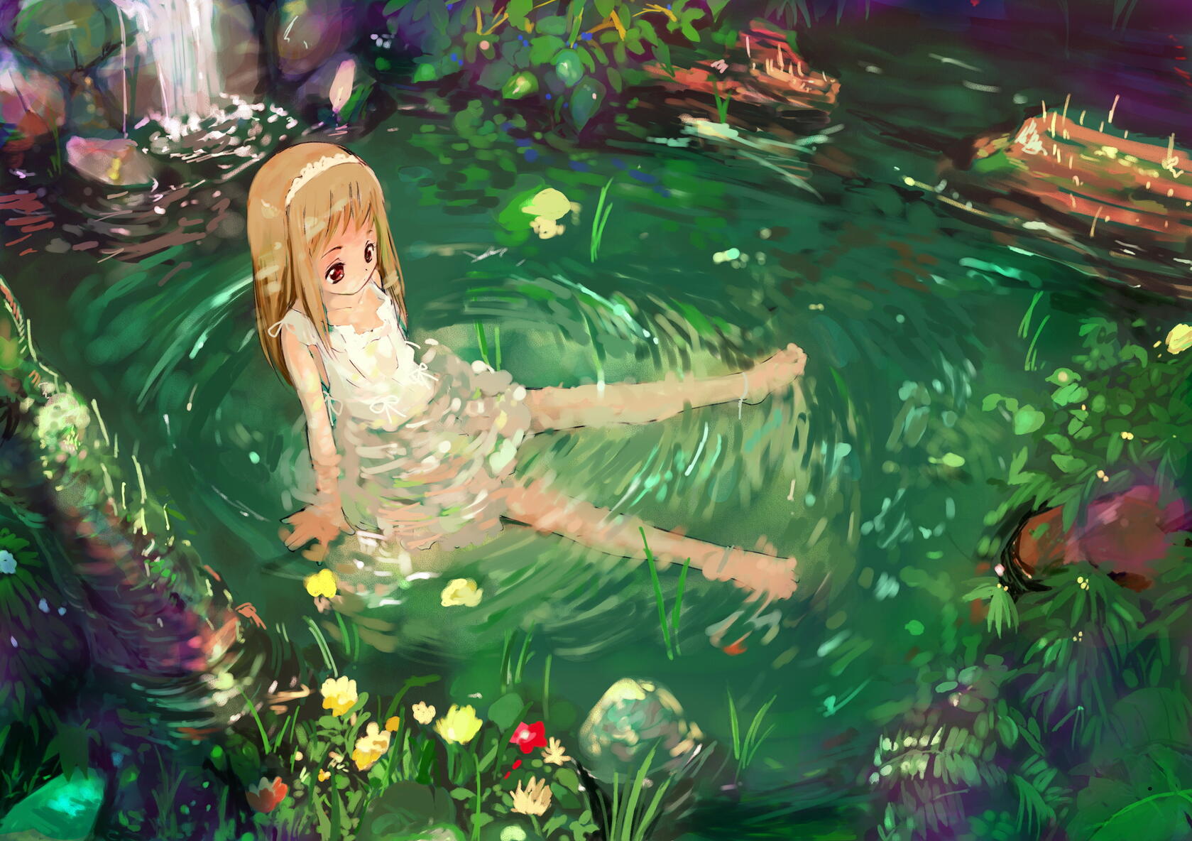 坐在河里水里的可爱白裙动漫小女孩和周围清新野草鲜花桌面壁纸