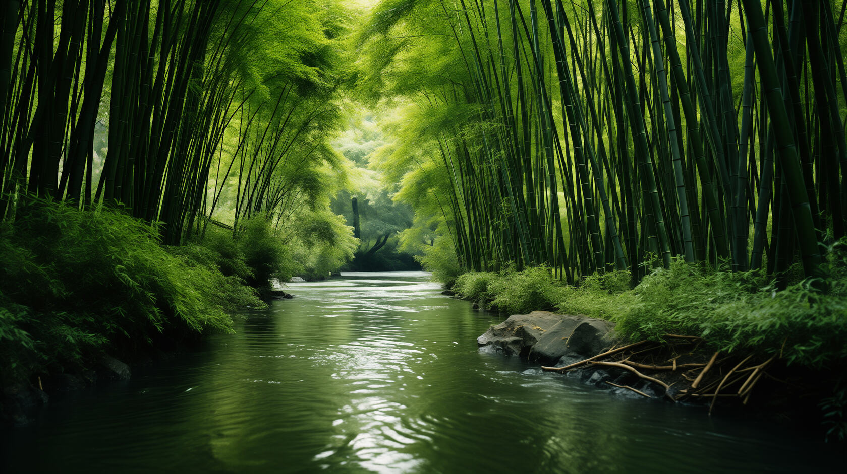 小河边的两岸，郁郁葱葱的绿色竹林唯美高清桌面壁纸图片