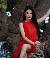 张雨绮连衣红裙着身坐在大树上优雅美丽写真图片