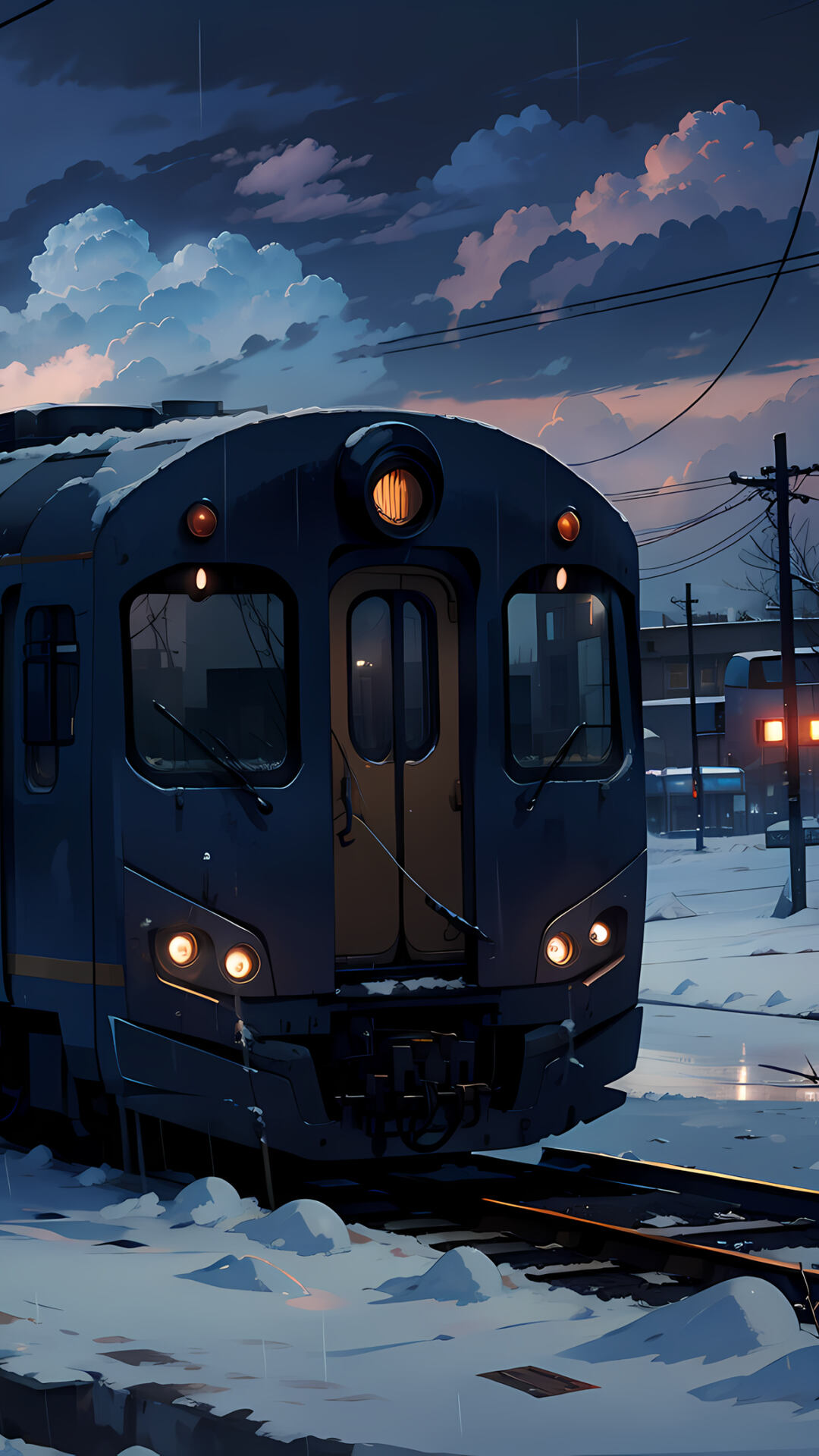 冰天雪地的场景，行驶在火车轨道的火车头唯美手机壁纸图片