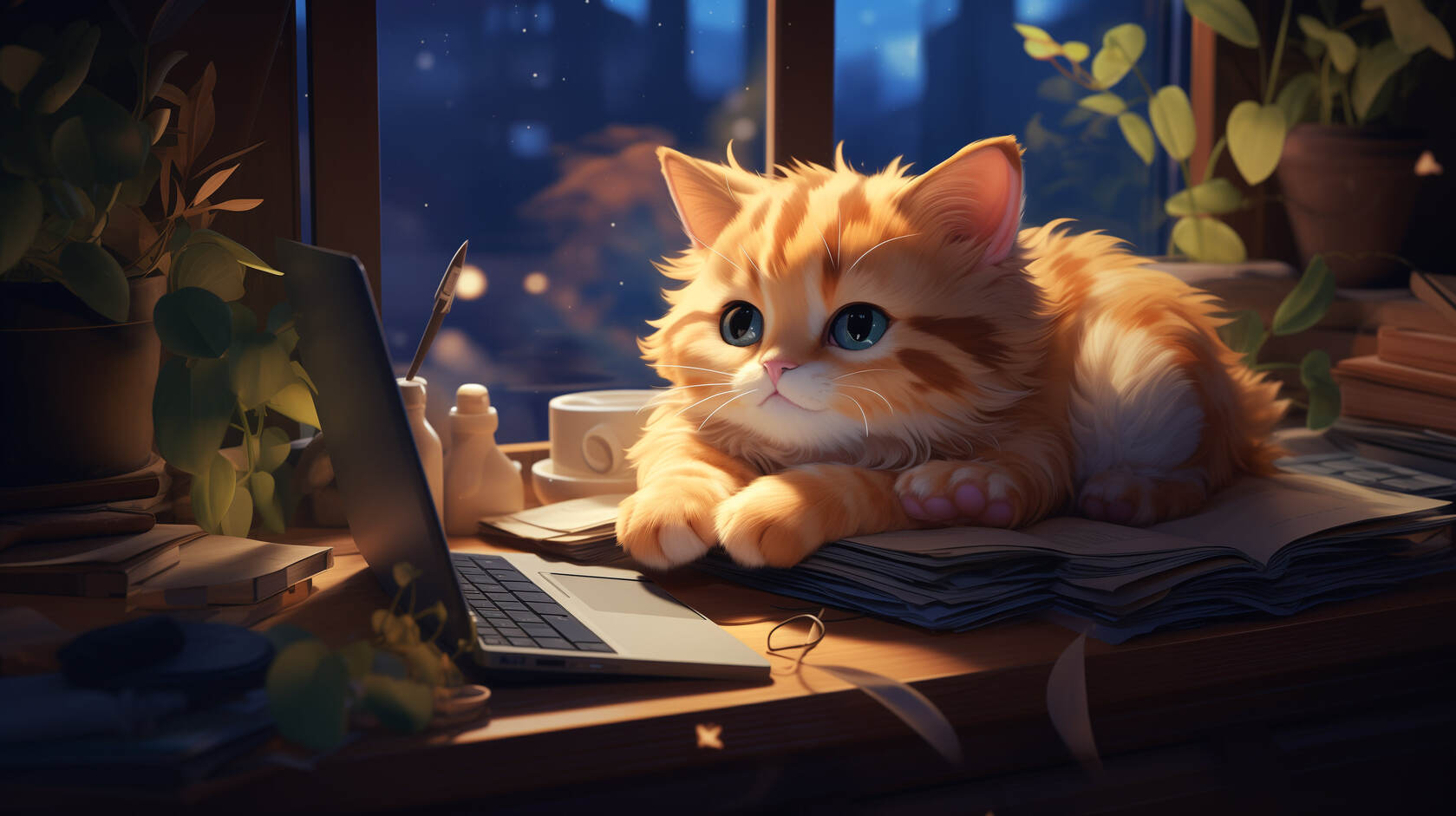 窗前，书桌上，趴在笔记本面前的可爱猫咪桌面壁纸图片第1张图片