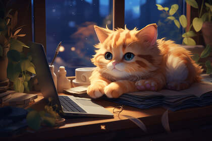 窗前，书桌上，趴在笔记本面前的可爱猫咪桌面壁纸图片
