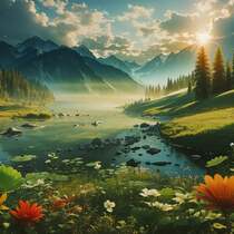 白云，朝阳，青山，绿水，树木，小花小草，唯美山川日出风景图片