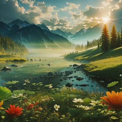 白云，朝阳，青山，绿水，树木，小花小草，唯美山川日出风景图片