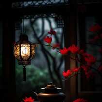 青枝，绿叶，红花，古砖古寺，以及一盏明灯唯美冬日意境背景图片