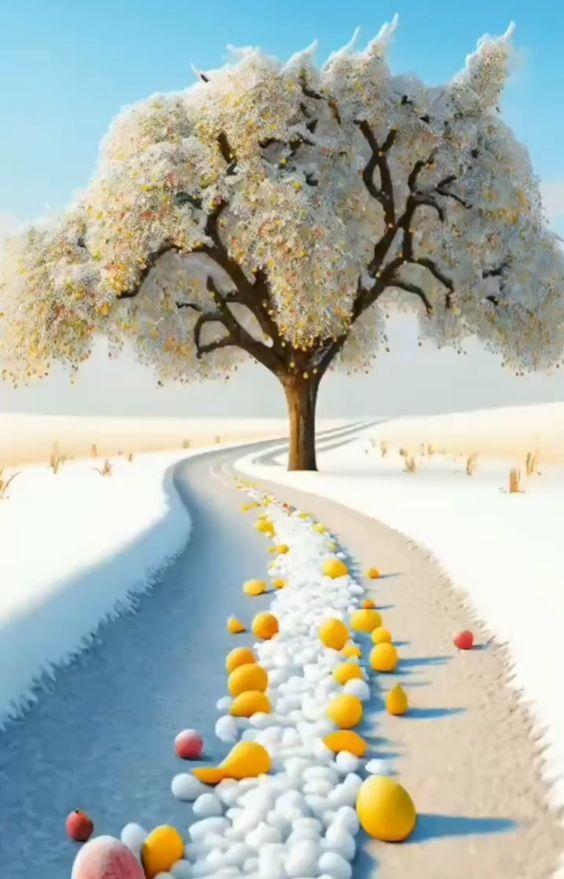 冬日卡通雪山雪景，小路，树木，果树，果实唯美大雪插画背景图片