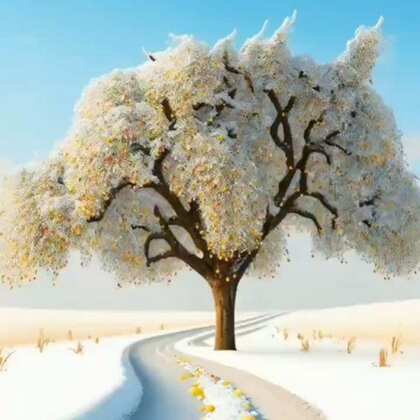 冬日卡通雪山雪景，小路，树木，果树，果实唯美大雪插画背景图片