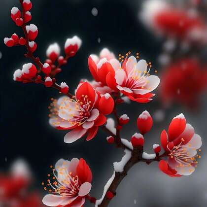 红梅独自开，大雪纷飞中开放的红色梅花唯美意境图片