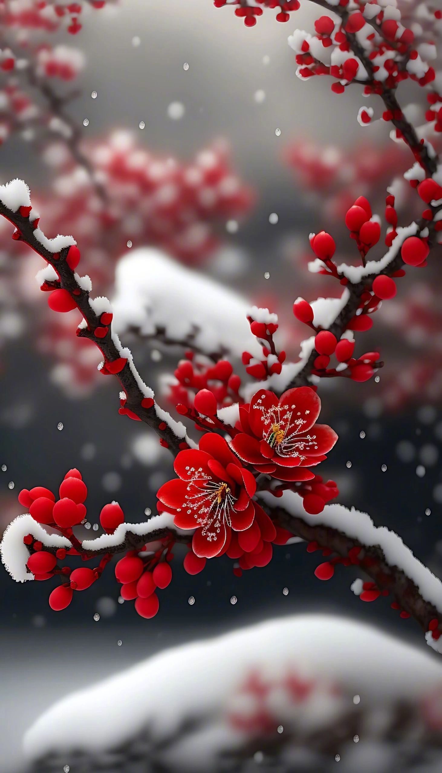 红梅独自开，大雪纷飞中开放的红色梅花唯美意境图片